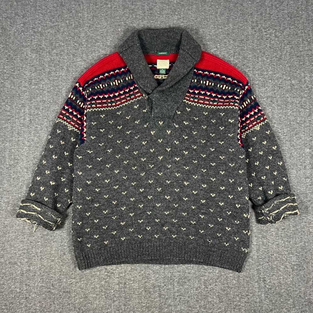 Vintage G.H. Bass & Co. Handknit Fair Isle Sweater Mens XL Grey Wool Grandpa